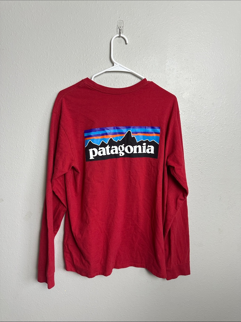 Patagonia Red Long Sleeve Tee with Blue-Multicolor Logo